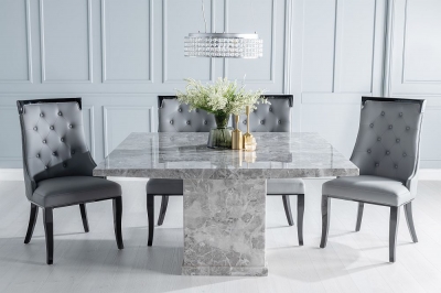 Product photograph of Turin Marble Dining Table Set Square Grey Top And Pedestal Base With Carmela Grey Faux Leather Chairs from Choice Furniture Superstore