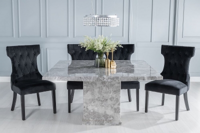 Product photograph of Turin Marble Dining Table Set Square Grey Top And Pedestal Base With Courtney Black Fabric Chairs from Choice Furniture Superstore