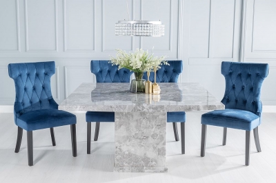 Product photograph of Turin Marble Dining Table Set Square Grey Top And Pedestal Base With Courtney Blue Fabric Chairs from Choice Furniture Superstore