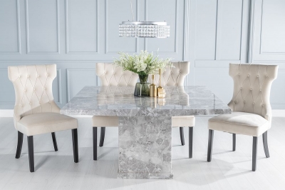 Product photograph of Turin Marble Dining Table Set Square Grey Top And Pedestal Base With Courtney Champagne Fabric Chairs from Choice Furniture Superstore