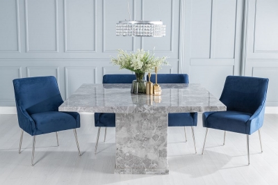 Product photograph of Turin Marble Dining Table Set Square Grey Top And Pedestal Base With Giovanni Blue Fabric Chairs from Choice Furniture Superstore