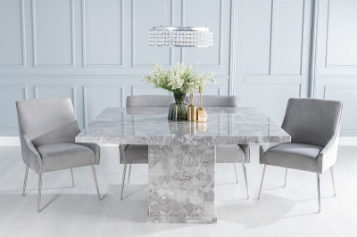 Product photograph of Turin Marble Dining Table Set Square Grey Top And Pedestal Base With Giovanni Light Grey Fabric Chairs from Choice Furniture Superstore