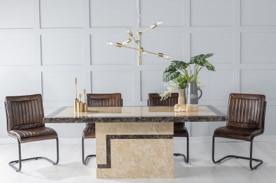 Product photograph of Venice Marble Dining Table Set Rectangular Cream Top And Pedestal Base With Felix Industrial Brown Leather Chairs from Choice Furniture Superstore