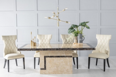 Product photograph of Venice Marble Dining Table Set Rectangular Cream Top And Pedestal Base With Mimi Cream Faux Leather Chairs from Choice Furniture Superstore