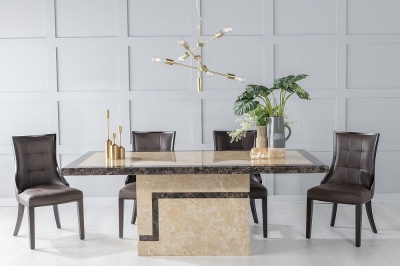 Product photograph of Venice Marble Dining Table Set Rectangular Cream Top And Pedestal Base With Paris Brown Faux Leather Chairs from Choice Furniture Superstore