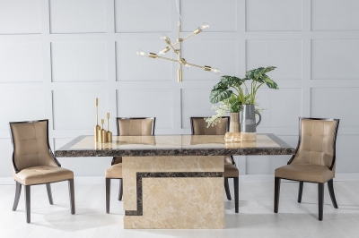 Product photograph of Venice Marble Dining Table Set Rectangular Cream Top And Pedestal Base With Paris Taupe Faux Leather Chairs from Choice Furniture Superstore