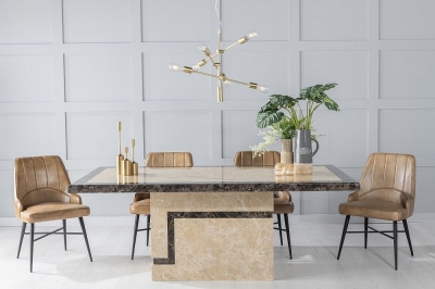 Product photograph of Venice Marble Dining Table Set Rectangular Cream Top And Pedestal Base With Toronto Stone Brown Leather Chairs from Choice Furniture Superstore