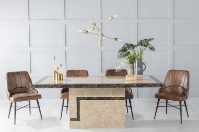 Product photograph of Venice Marble Dining Table Set Rectangular Cream Top And Pedestal Base With Toronto Vintage Brown Leather Chairs from Choice Furniture Superstore
