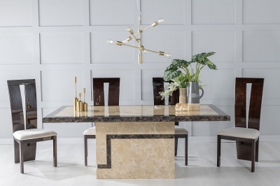 Product photograph of Venice Marble Dining Table Set Rectangular Cream Top And Pedestal Base With Vienna Walnut High Gloss And Beige Chairs from Choice Furniture Superstore