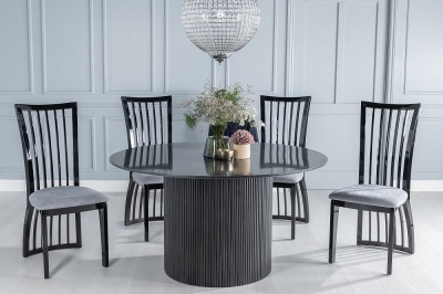 Product photograph of Carra Marble Dining Table Black Round Top And Fluted Ribbed Drum Base With Athena Black High Gloss And Grey Chairs from Choice Furniture Superstore