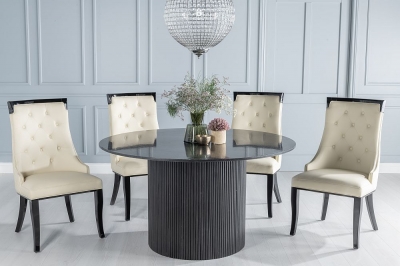 Carra Marble Dining Table Black, Round Top and Fluted Ribbed Drum Base with Carmela Cream Faux Leather Chairs