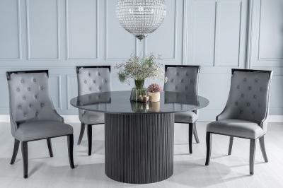 Carra Marble Dining Table Black, Round Top and Fluted Ribbed Drum Base with Carmela Grey Faux Leather Chairs