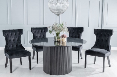 Product photograph of Carra Marble Dining Table Black Round Top And Fluted Ribbed Drum Base With Courtney Black Fabric Chairs from Choice Furniture Superstore