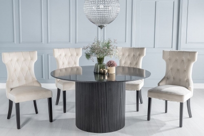 Product photograph of Carra Marble Dining Table Black Round Top And Fluted Ribbed Drum Base With Courtney Champagne Fabric Chairs from Choice Furniture Superstore