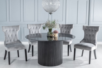 Product photograph of Carra Marble Dining Table Black Round Top And Fluted Ribbed Drum Base With Courtney Light Grey Fabric Chairs from Choice Furniture Superstore