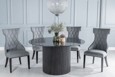 Product photograph of Carra Marble Dining Table Black Round Top And Fluted Ribbed Drum Base With Mimi Grey Faux Leather Chairs from Choice Furniture Superstore