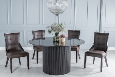 Product photograph of Carra Marble Dining Table Black Round Top And Fluted Ribbed Drum Base With Paris Brown Faux Leather Chairs from Choice Furniture Superstore