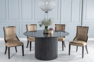 Product photograph of Carra Marble Dining Table Black Round Top And Fluted Ribbed Drum Base With Paris Taupe Faux Leather Chairs from Choice Furniture Superstore