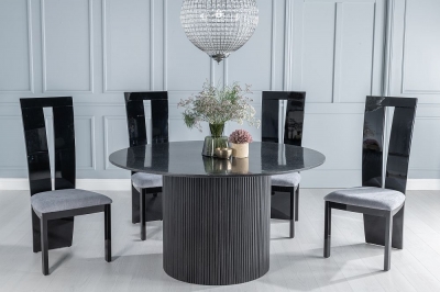 Product photograph of Carra Marble Dining Table Black Round Top And Fluted Ribbed Drum Base With Vienna Black High Gloss And Beige Chairs from Choice Furniture Superstore