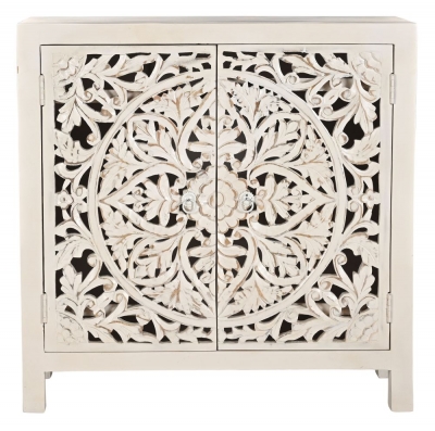 Product photograph of Boho White Washed Light Distressed Carved Mango Wood Compact Sideboard - 89cm from Choice Furniture Superstore
