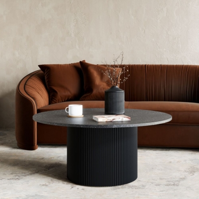 Product photograph of Carra Marble Coffee Table Black Large Round Top With Fluted Ribbed Drum Base from Choice Furniture Superstore