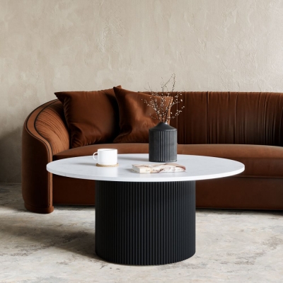 Product photograph of Carra Marble Coffee Table White Large Round Top With Black Fluted Ribbed Drum Base from Choice Furniture Superstore