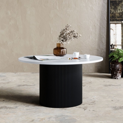 Product photograph of Carra Marble Dining Table White 140cm Seats 4 To 6 Diners Round Top With Black Fluted Ribbed Drum Base from Choice Furniture Superstore