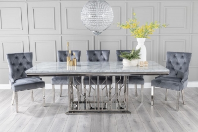 Product photograph of Vortex Marble Dining Table Grey 220cm Seats 8 To 10 Diners Rectangular Top With Steel Chrome Base from Choice Furniture Superstore