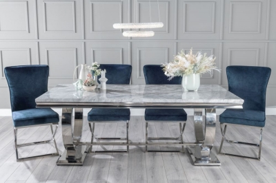Product photograph of Glacier Marble Dining Table Set Rectangular Grey Top And Ring Chrome Base With Lyon Blue Fabric Chairs from Choice Furniture Superstore