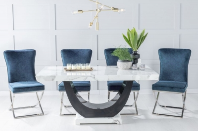 Product photograph of Madrid Marble Dining Table Set Rectangular White Top And Black Gloss U - Shaped Pedestal Base With Lyon Blue Fabric Chairs from Choice Furniture Superstore