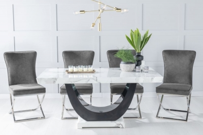 Product photograph of Madrid Marble Dining Table Set Rectangular White Top And Black Gloss U - Shaped Pedestal Base With Lyon Grey Fabric Chairs from Choice Furniture Superstore