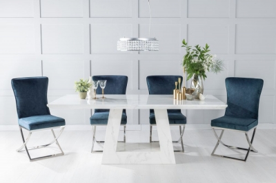 Product photograph of Milan Marble Dining Table Set Rectangular White Top And Triangular Pedestal Base With Lyon Blue Fabric Chairs from Choice Furniture Superstore