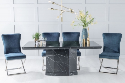 Product photograph of Naples Marble Dining Table Set Rectangular Black Top And Pedestal Base With Lyon Blue Fabric Chairs from Choice Furniture Superstore