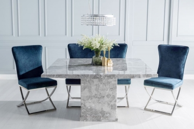Product photograph of Turin Marble Dining Table Set Rectangular Grey Top And Pedestal Base With Lyon Blue Fabric Chairs from Choice Furniture Superstore