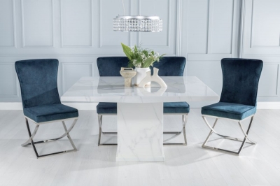 Product photograph of Turin Marble Dining Table Set Rectangular White Top And Pedestal Base With Lyon Blue Fabric Chairs from Choice Furniture Superstore
