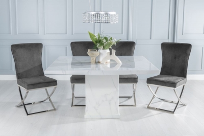 Product photograph of Turin Marble Dining Table Set Rectangular White Top And Pedestal Base With Lyon Grey Fabric Chairs from Choice Furniture Superstore