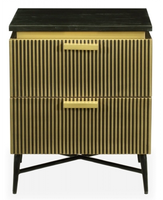 Product photograph of Glam Flute Gold 2 Drawer Bedside Cabinet With Black Marble Top from Choice Furniture Superstore