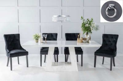 Product photograph of Milan Marble Dining Table Set Rectangular White Top And Triangular Pedestal Base And Black Fabric Knocker Back Chairs With Black Legs from Choice Furniture Superstore