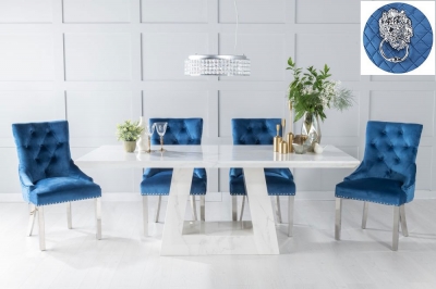 Milan Marble Dining Table Set, Rectangular White Top and Triangular Pedestal Base and Blue Fabric Lion Head Ring Back Chairs with Chrome Legs