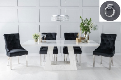 Milan Marble Dining Table Set, Rectangular White Top and Triangular Pedestal Base with Black Fabric Knocker Back Chairs