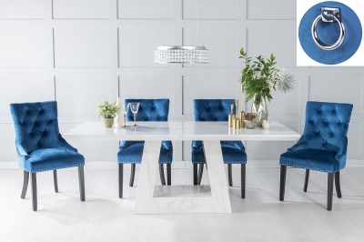 Milan Marble Dining Table Set, Rectangular White Top and Triangular Pedestal Base with Blue Fabric Knocker Back Chairs