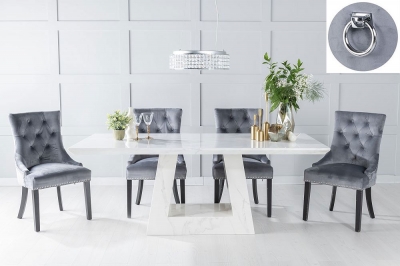 Product photograph of Milan Marble Dining Table Set Rectangular White Top And Triangular Pedestal Base With Grey Fabric Knocker Back Chairs from Choice Furniture Superstore