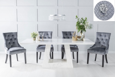 Product photograph of Milan Marble Dining Table Set Rectangular White Top And Triangular Pedestal Base With Grey Fabric Lion Head Ring Back Chairs from Choice Furniture Superstore
