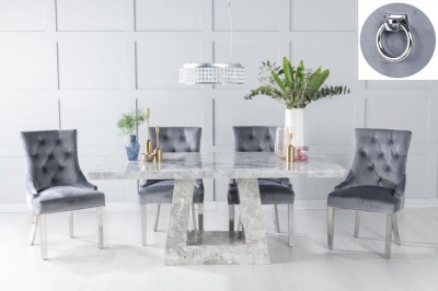 Product photograph of Milan Marble Dining Table Set Rectangular Grey Top And Triangular Pedestal Base And Grey Fabric Knocker Back Chairs With Chrome Legs from Choice Furniture Superstore