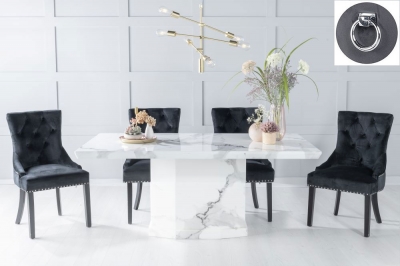 Product photograph of Naples Marble Dining Table Set Rectangular White Top And Pedestal Base And Black Fabric Knocker Back Chairs With Black Legs from Choice Furniture Superstore