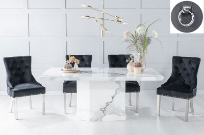 Product photograph of Naples Marble Dining Table Set Rectangular White Top And Pedestal Base With Black Fabric Knocker Back Chairs With Chrome Legs from Choice Furniture Superstore