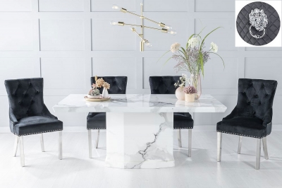 Product photograph of Naples Marble Dining Table Set Rectangular White Top And Pedestal Base With Black Fabric Lion Knocker Back Chairs With Chrome Legs from Choice Furniture Superstore