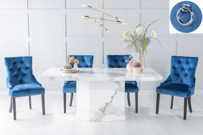 Product photograph of Naples Marble Dining Table Set Rectangular White Top And Pedestal Base With Blue Fabric Knocker Back Chairs With Black Legs from Choice Furniture Superstore