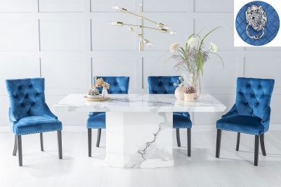 Product photograph of Naples Marble Dining Table Set Rectangular White Top And Pedestal Base With Blue Fabric Lion Knocker Back Chairs With Black Legs from Choice Furniture Superstore