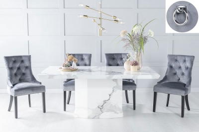Product photograph of Naples Marble Dining Table Set Rectangular White Top And Pedestal Base With Grey Fabric Knocker Back Chairs With Black Legs from Choice Furniture Superstore